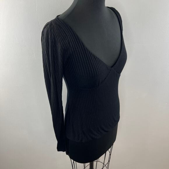 A.L.C. Ribbed Long Sleeve V-Neck Top Black Pullover Plunging Size S Small - Picture 5 of 10